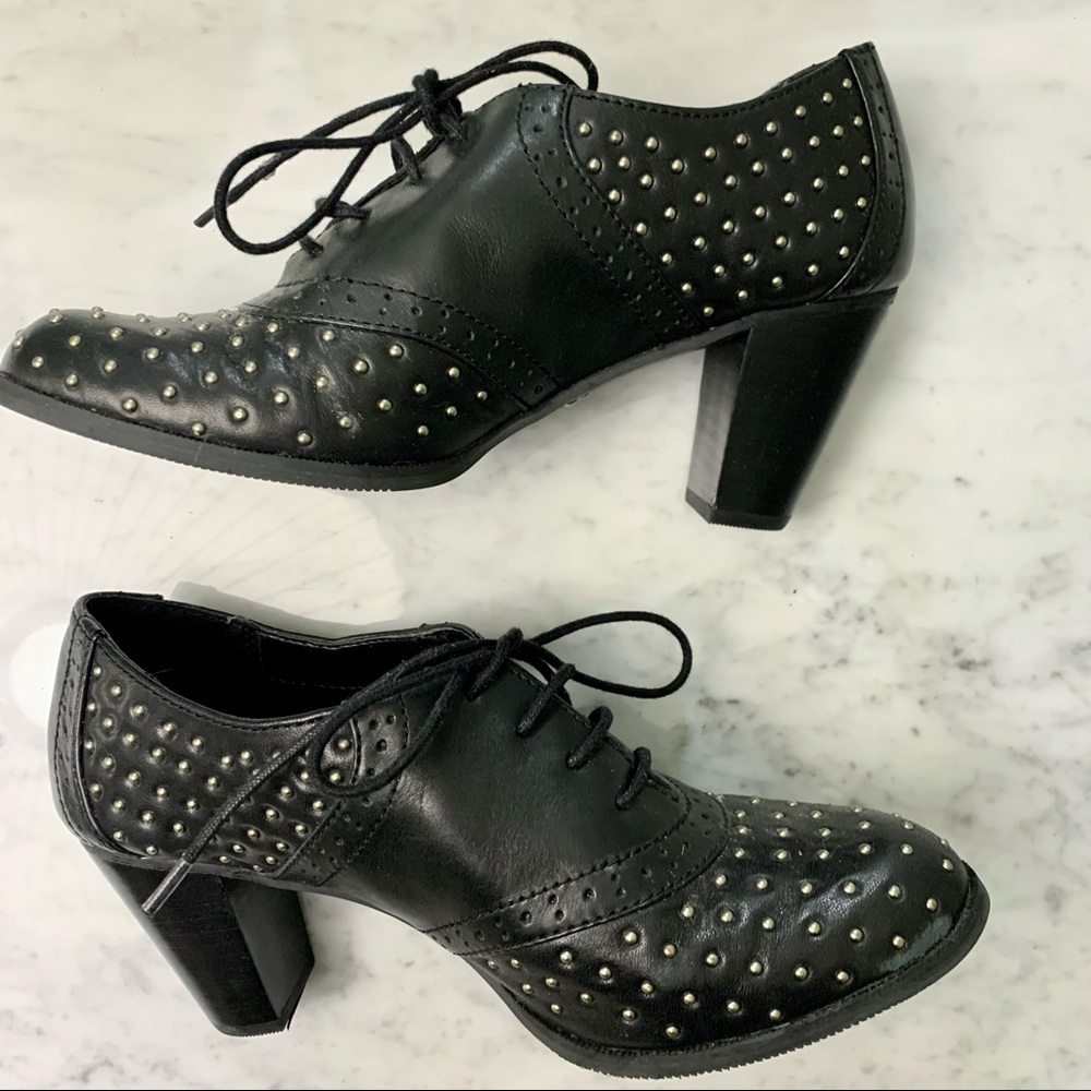 New GH Bass Black Leather Lace Up Studded Oxford Loafer Shoe Bootie Studs 7.5